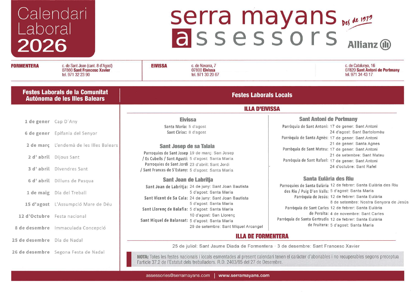Calendario Laboral 2026 – Serra Mayans Assessors – Asesoria en Ibiza y ...